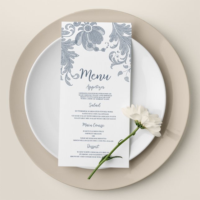 Elégant blanc mauve bleu dentelle fleurie Menu Mar (Stylish white mauve blue floral lace Wedding Menu)
