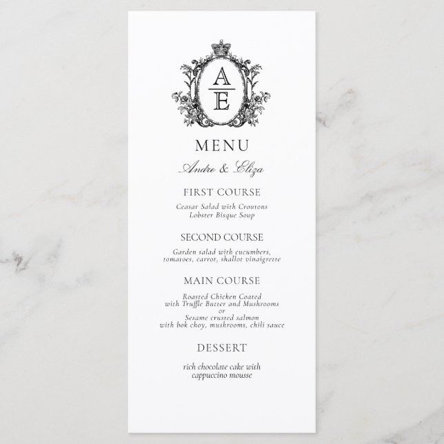 Élégant blanc noir Crest Monogram menu Mariage (Devant)