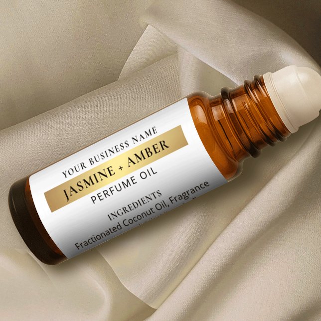 Élégant Blanc & Or Étiquettes de bouteille à roule (Elegant white and gold perfume oil roller bottle wraparound label with faux gold effects)