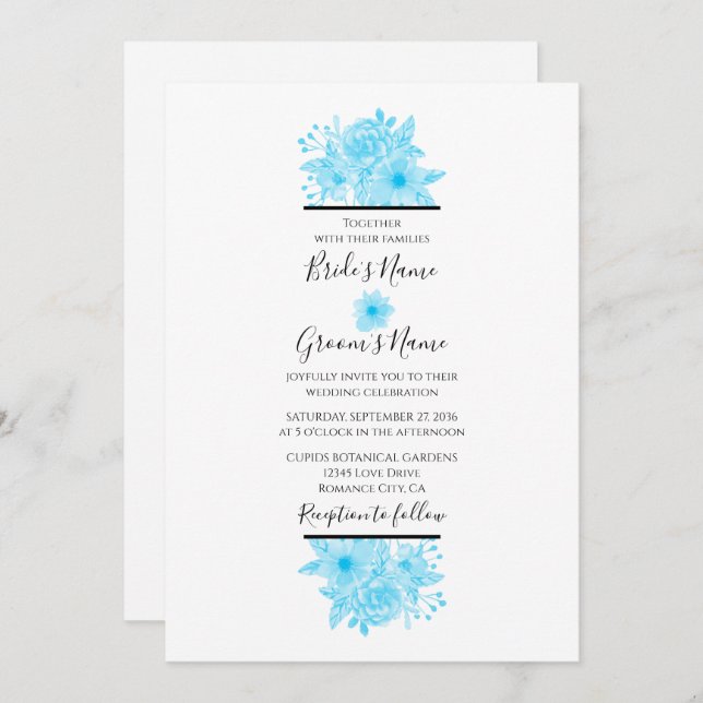 Elégant bleu aquarelle Floral Wedding Invitations (Devant / Derrière)