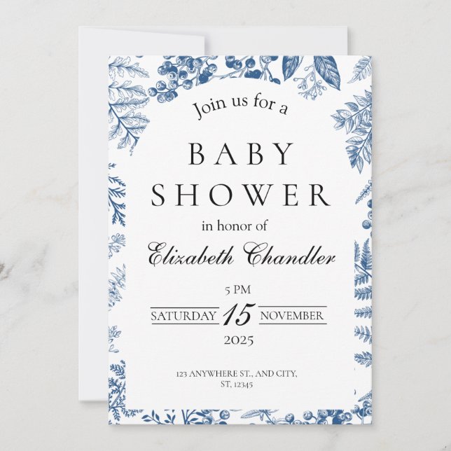 Elégant Bleu & Blanc Baby shower Invitation (Devant)