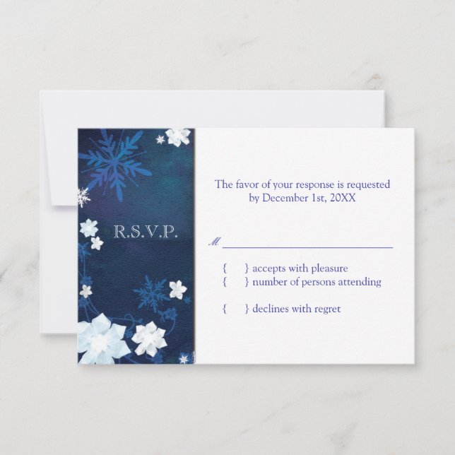 Elégant Bleu & Blanc Boho Hiver Mariage RSVP (Devant)