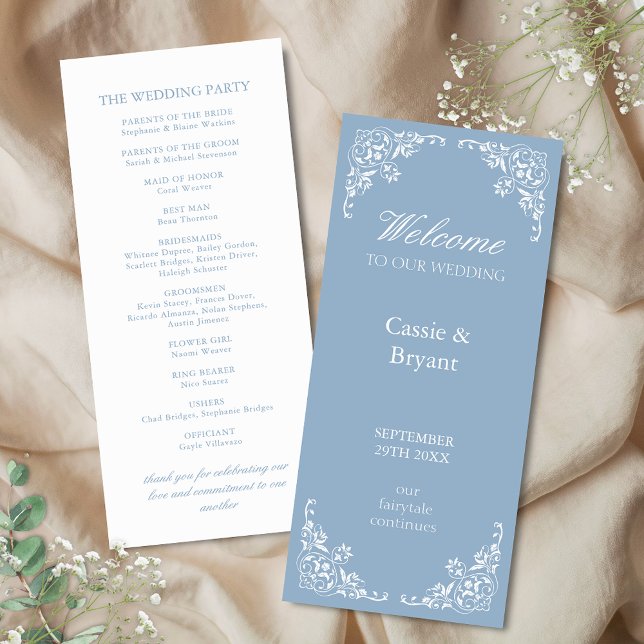 Élégant Bleu Blanc Classique Vintage Wedding Progr (elegant blue and white wedding program cards with bridal party and 2 sided design with border trim)