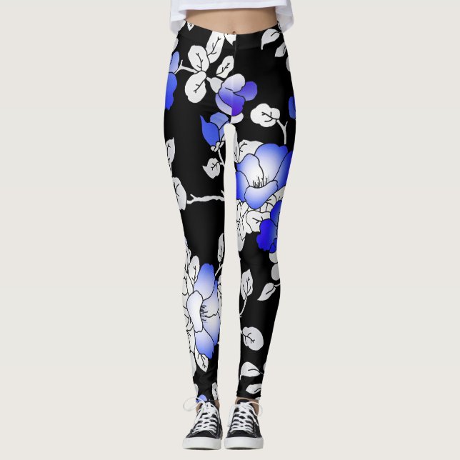 Élégant Bleu Blanc Noir Leggings Floraux (Devant)