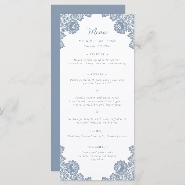 Elégant bleu bleu floral dentelle Mariage Menu (Devant / Derrière)