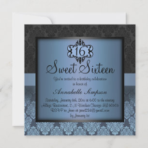 Elégant bleu chic Damask Sweet16 Invitation