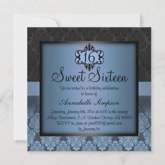 Elégant bleu chic Damask Sweet16 Invitation