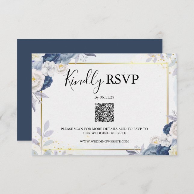 Elégant bleu Dusty et or Floral Rsvp Qr Code (Devant / Derrière)