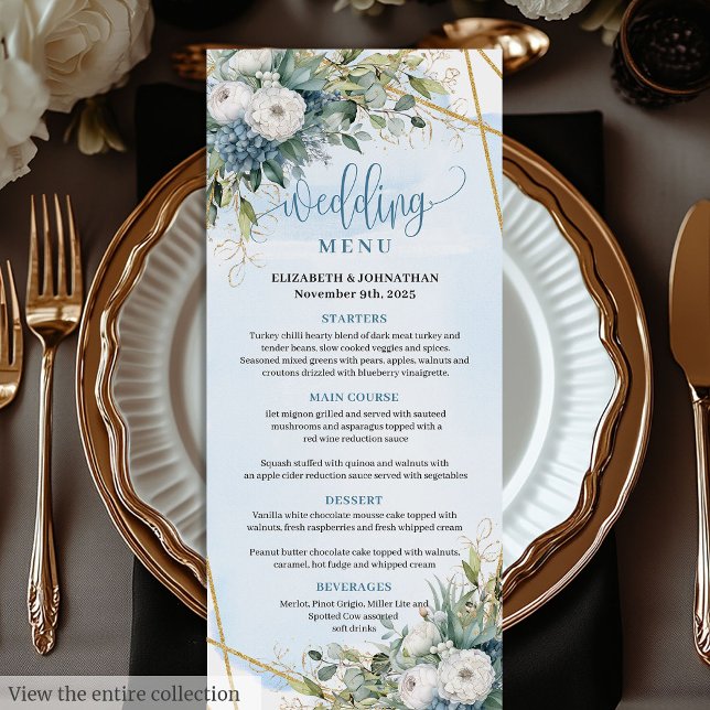 Elégant bleu Dusty Eucalyptus Floral Menu Mariage (Elegant Dusty Blue Eucalyptus Floral Wedding Menu)