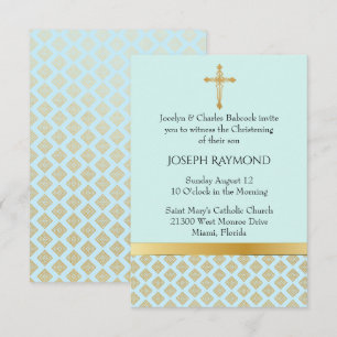 Elegant Bleu et Or Bébé Christening Invitation