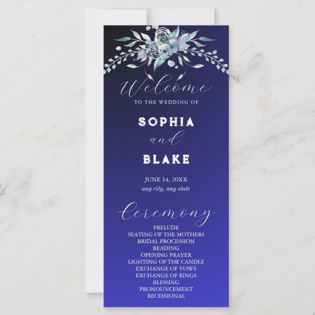 Élégant bleu et vert Floral Blue Wedding Programme (Devant)