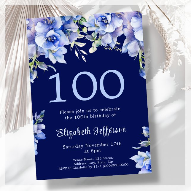 Elégant bleu floral 100e anniversaire Invitation (Créateur téléchargé)