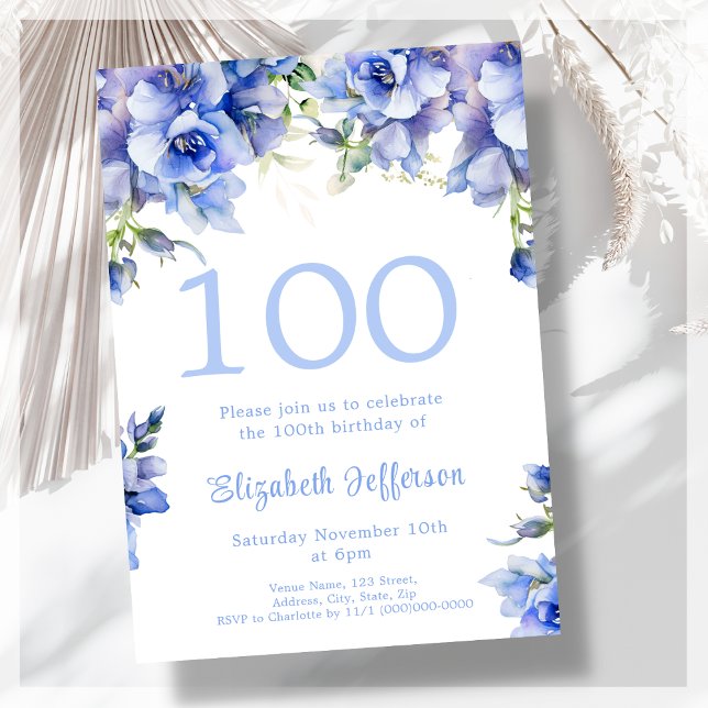 Elégant bleu floral 100e anniversaire Invitation (Créateur téléchargé)