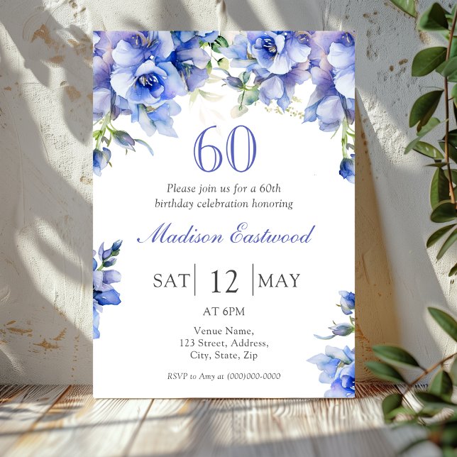 Elégant bleu floral 60e anniversaire Invitation (Créateur téléchargé)