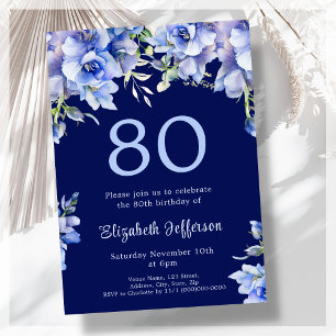 Elégant bleu floral 80e anniversaire Invitation