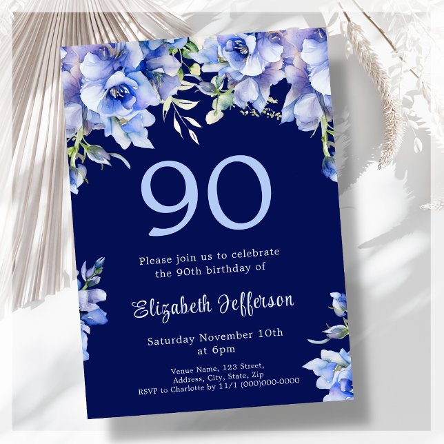 Elégant bleu floral 90e anniversaire Invitation (Créateur téléchargé)