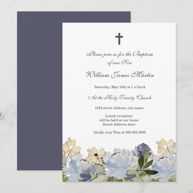 Elégant bleu Floral Cross Baptism Invitation (Devant / Derrière)