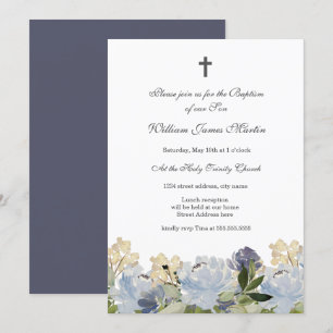 Elégant bleu Floral Cross Baptism Invitation