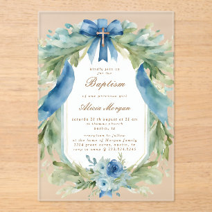 Elégant bleu Floral Cross Baptism Invitation