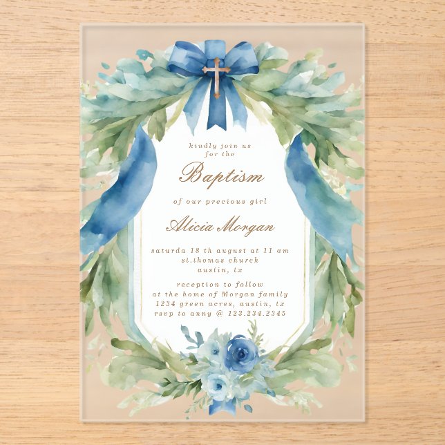 Elégant bleu Floral Cross Baptism Invitation (Recto)
