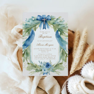Elégant bleu Floral Cross Baptism Invitation