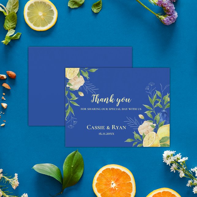 Elégant bleu Floral Lemon Mariage Merci Cartes (Elegant Blue Floral Lemon Wedding Thank You Cards)