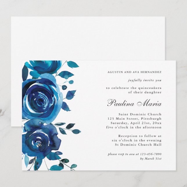 Elégant bleu Floral Quinceañera Invitation (Devant / Derrière)