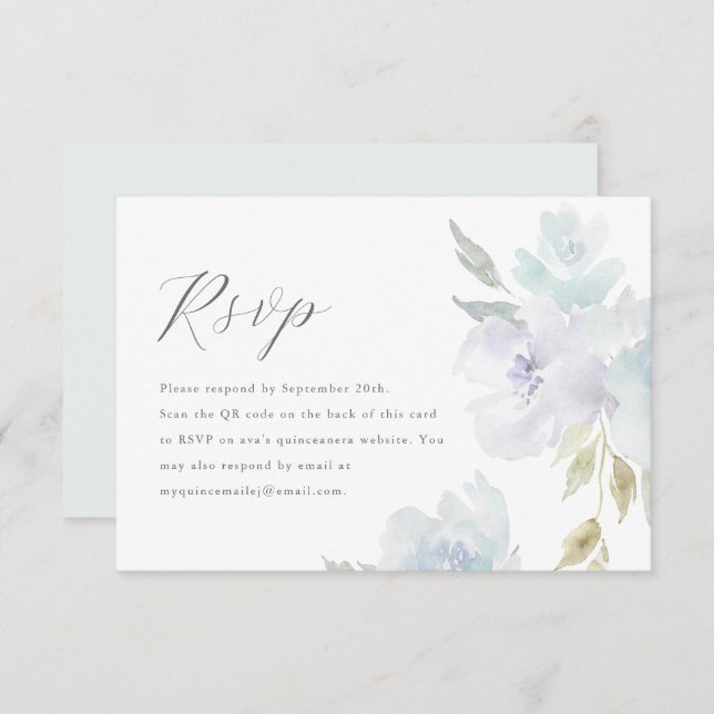 Elégant bleu Floral Quinceanera QR Code RSVP (Devant / Derrière)