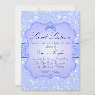 Élégant bleu floral sucré16 Invitation d'anniversa