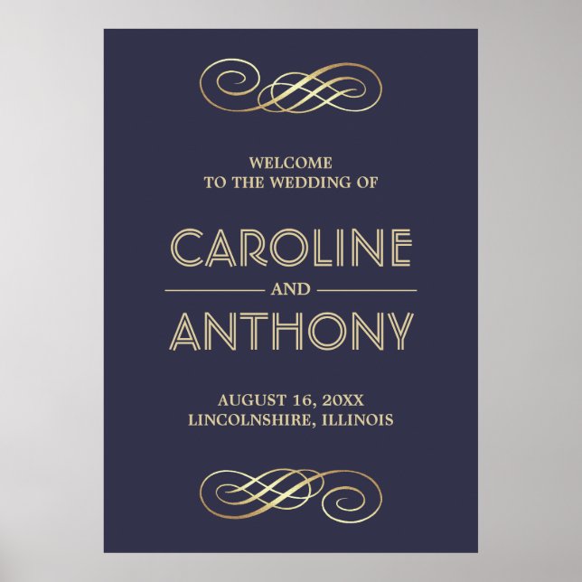 Elégant bleu marine | Affiche de bienvenue Mariage (Devant)