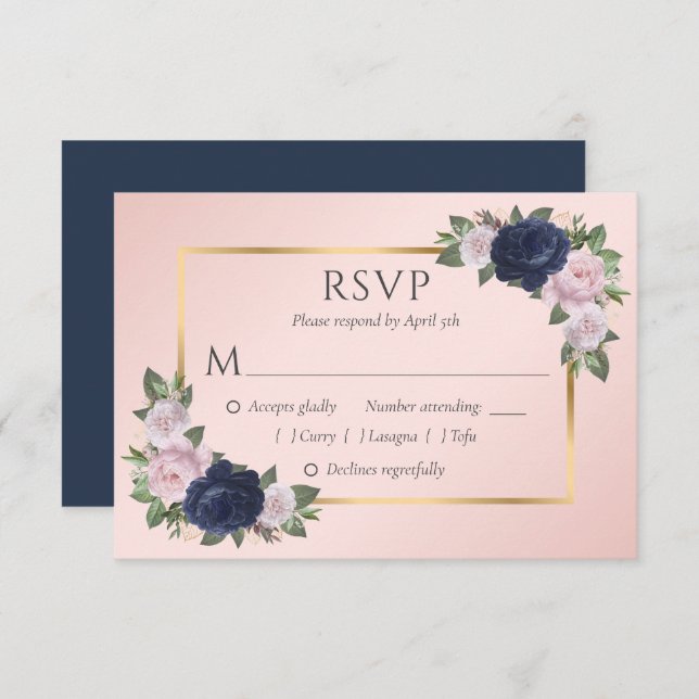 Elégant bleu marine Blush Gold Wedding Cartes RSVP (Devant / Derrière)
