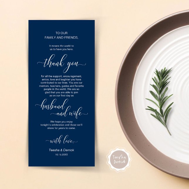 Elégant bleu marine, Carte de remerciements de rég (Wedding Dinner Place Setting Thank You Card, Plate Decor, Modern Classy, in Navy Blue)