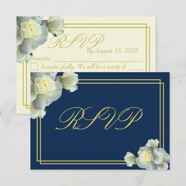 Elégant bleu marine Roses blanches Carte RSVP mini (Devant / Derrière)
