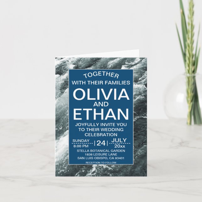 Elégant bleu océanique vagues pliées Faire-part de (Devant)