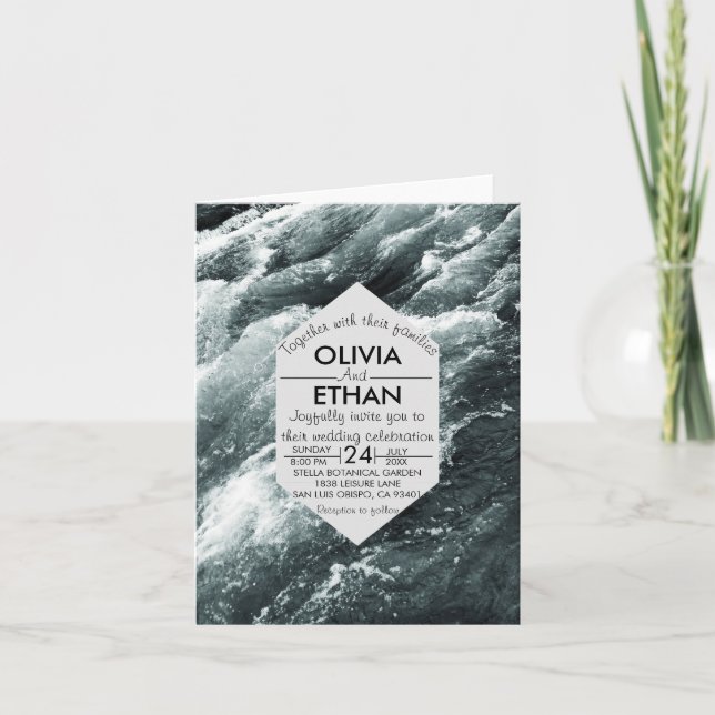 Elégant bleu océanique vagues pliées Faire-part de (Devant)