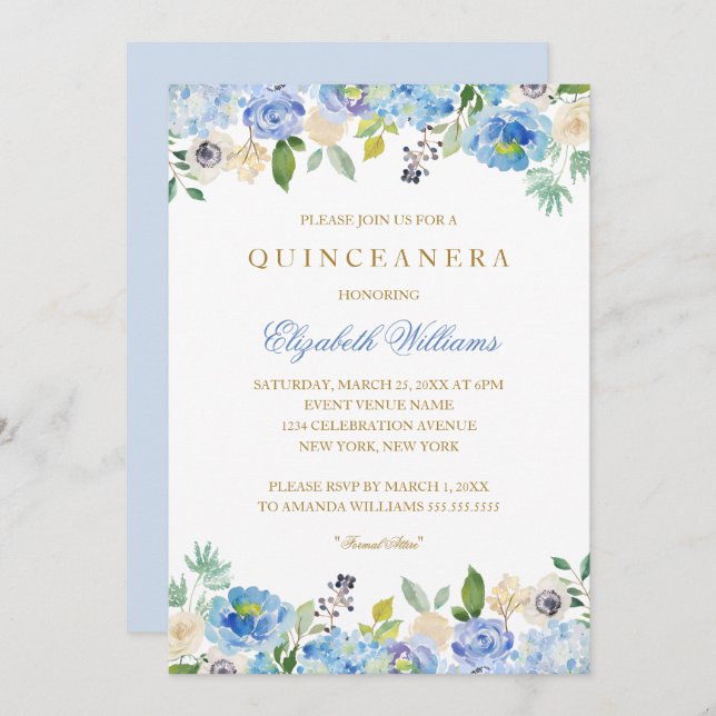 Elégant bleu or Floral Quinceanera Invitation (Devant / Derrière)