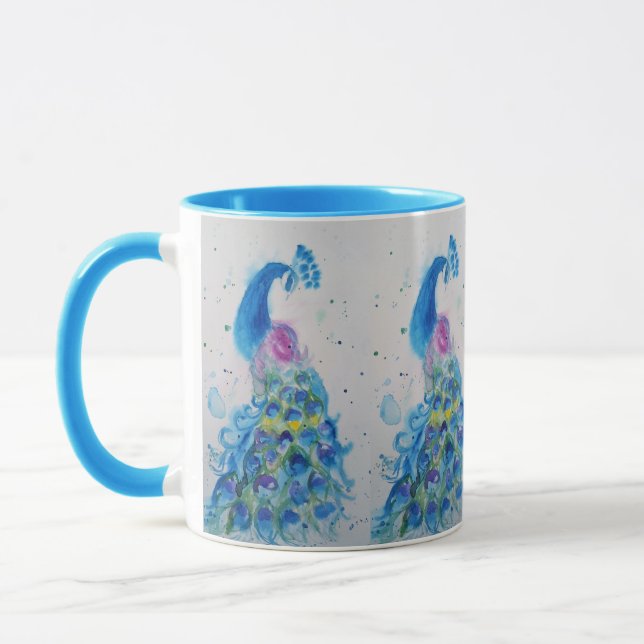 Elégant bleu Peacock oiseau Aquarelle Mug bleu (Gauche)