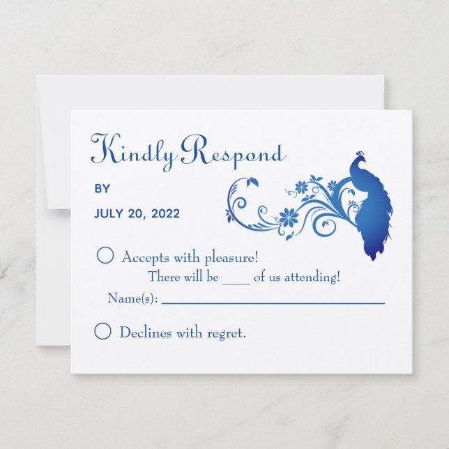 Elégant bleu Peacock Wedding Carte RSVP (Devant)