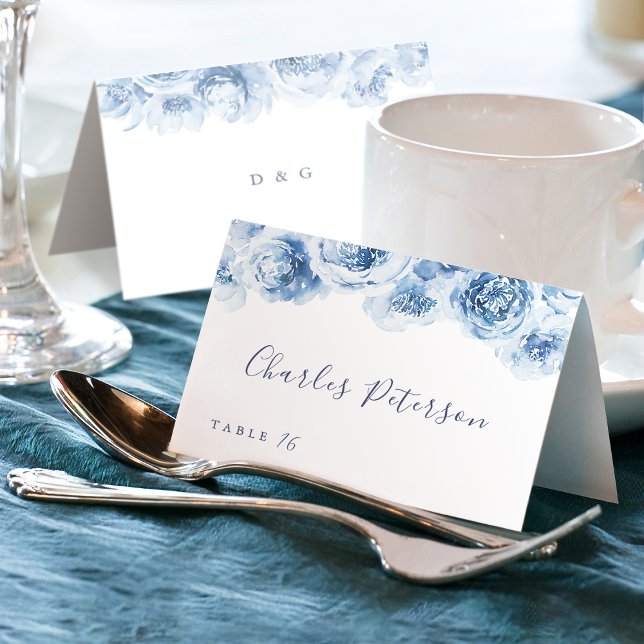 Elégant bleu poussiéreux aquarelle floral Carte Pl (Elegant dusty blue watercolor floral Place Card)