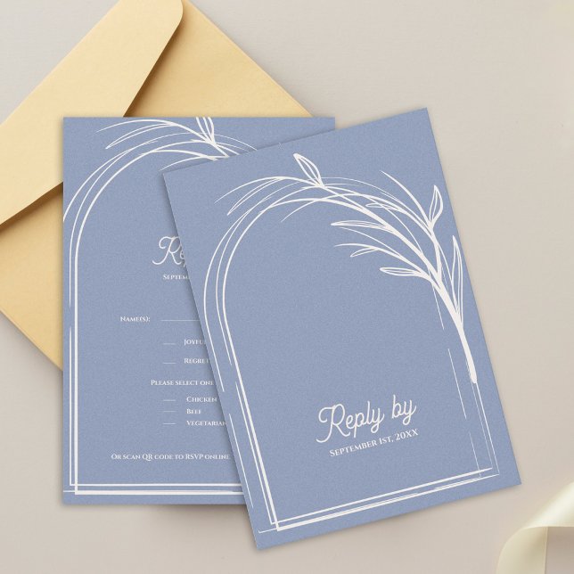 Élégant Bleu Poussiéreux Avec Code QR Réponse De M (Dusty Blue Minimalist Arch Botanical Wedding RSVP Card with QR Code | Modern Wedding Reply Card)