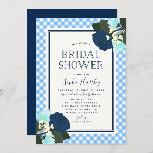 Elégant bleu Rose Floral Bridal Shower Invitation (Devant / Derrière)