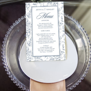 Elégant bleu roux vintage menu mariage rose