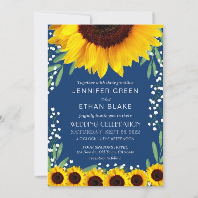 Elégant Bleu Sunflower Invitations de mariage (Devant)