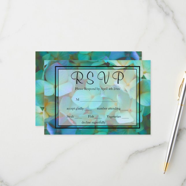 Elégant bleu Turquoise hydrangée rose fleurs RSVP (Devant/Arrière en situation)