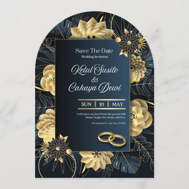 Elegant Blue and Gold Luxury Wedding Invitation (Devant)