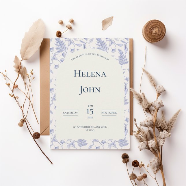 Elegant Blue Botanical Wedding Invitation (Créateur téléchargé)