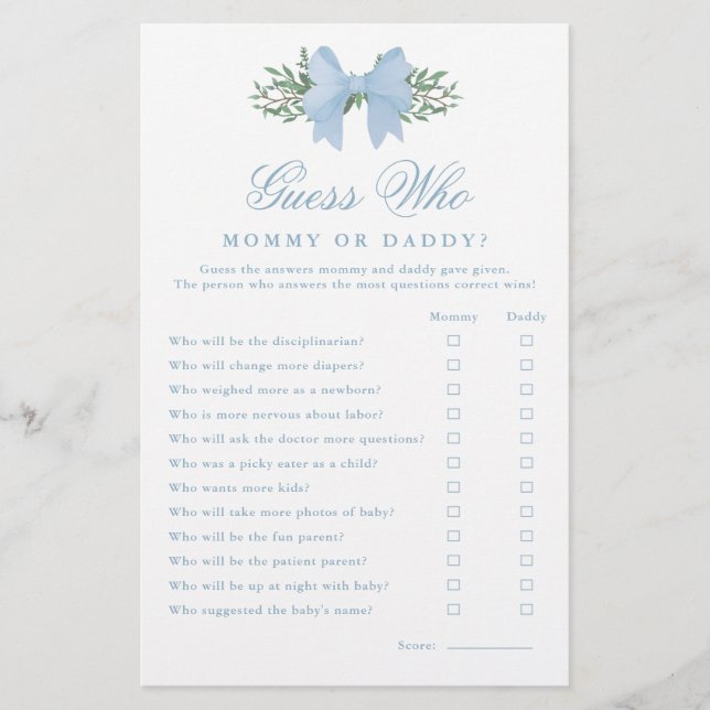 Elegant Blue Bow Devine Qui Baby shower Jeu (Devant)
