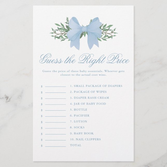 Elegant Blue Bow Guess du jeu de Baby shower de pr (Devant)