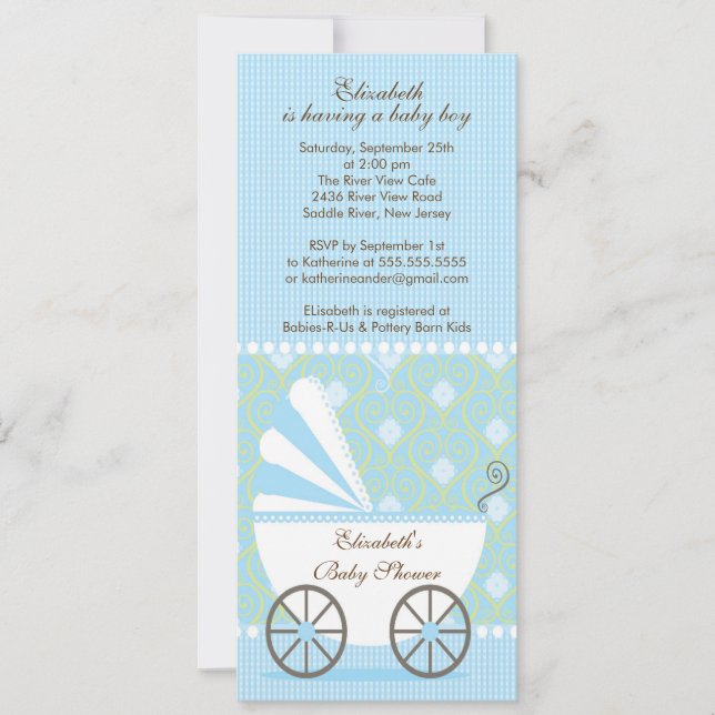 Elégant Blue Carriage Boy Baby shower Invitation (Devant)