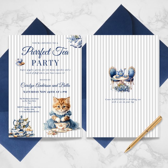 Elegant Blue Cat Party Invitation Template (Elegant Blue Cat Party Invitation Template)